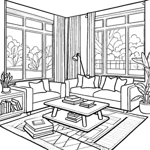 Gemütliches Zweisitzer-Sofa im hellen Wohnzimmer Ausmalbild für kreative Raumgestalter