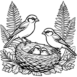 Zwei liebevolle Vögel im gemütlichen Nest Ausmalvorlage für kleine Naturforscher