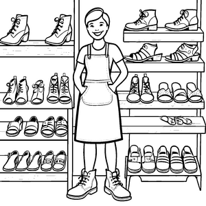Sonderbare Schuhwelt mit fröhlichem Verkäufer Ausmalbild für kleine Modefans