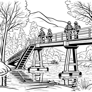 Mutige Feuerwehrleute auf der Abenteuerbrücke Ausmalmotiv für kleine Helden