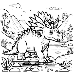Styracosaurus entdeckt leuchtende Blumen im Fluss Ausmalbild für neugierige Dino-Fans