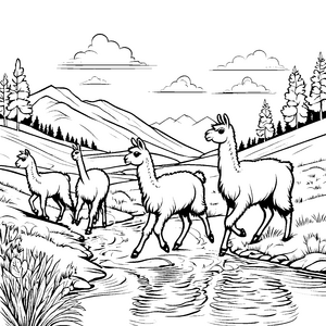 Fröhliche Lama-Jünglinge beim Wasserlauf Ausmalmotiv für kleine Naturfreunde