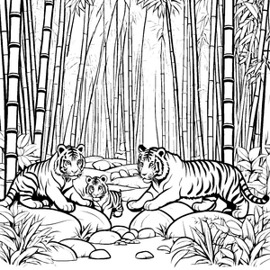 Verspielt tummelnde Tigerbabys im grünen Dschungel Ausmalmotiv für kleine Naturfreunde