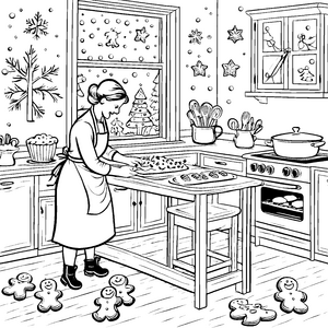 Lebkuchenmänner backen im winterlichen Küchenzauber Ausmalbild für kreative Bastler