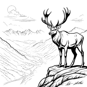Majestätischer Riesenhirsch in den Bergen Ausmalbild für faszinierte Naturliebhaber