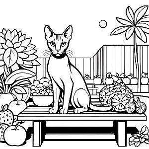 Sphynx Katze mit fröhlichen Früchten Ausmalbild für kreative Tierliebhaber