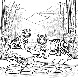 Abenteuerliche Tigerbabys am glitzernden Wasser Malvorlage für furchtlose Tierliebhaber
