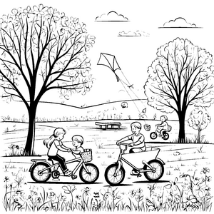 Fröhliche Kinder beim Radfahren im Park Ausmalbild für kleine Abenteuerlustige