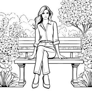 Stylische Damenhose in blühender Parklandschaft Ausmalbild für modebewusste Kreative