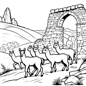Fröhliche Lama-Jungtiere beim lustigen Ausflug Malvorlage für kleine Naturfreunde