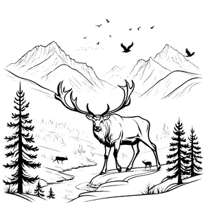 Majestätischer Riesenhirsch in der Berglandschaft Ausmalbild für wilde Naturentdecker