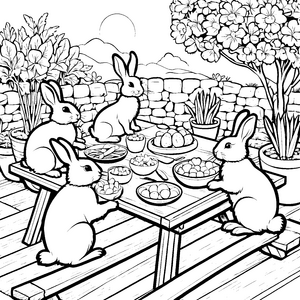 Kaninchen-Freundschaft bei köstlichem Picknick Ausmalmotiv für fröhliche Entdecker