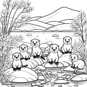 Abenteuerliche Otter-Babys am Flussufer Ausmalmotiv für neugierige kleine Forscher