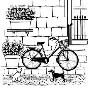 Fröhliches Fahrrad vor blühenden Blumen Malvorlage für kreative Naturfreunde