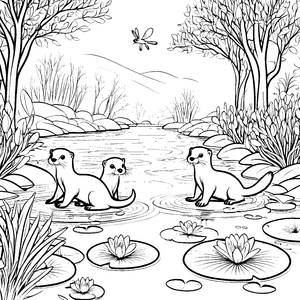 Spritzige Otter-Babys am Teich Ausmalvorlage für fröhliche Tierliebhaber