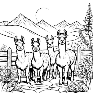 Fröhliche Lama-Jungtiere mit bunten Blumen Malvorlage für kleine Abenteurer