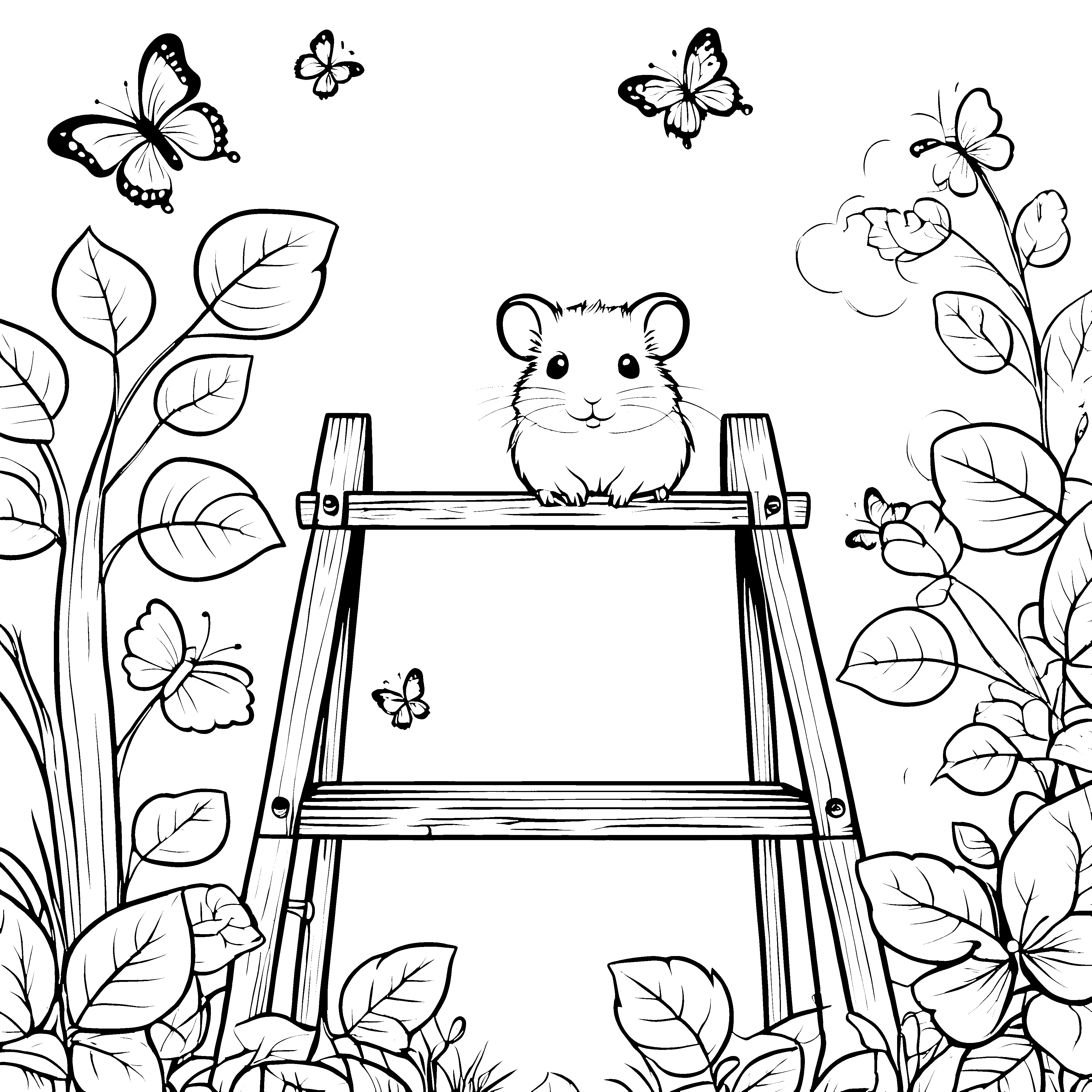 Kletternder Hamster auf der blühenden Leiter Ausmalbild für kleine Entdecker