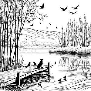Verspielte Möpse am idyllischen Seeufer Ausmalmotiv für kreative Tierfreunde