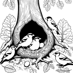 Fröhliche Vögel im gemütlichen Nest Ausmalvorlage für neugierige Naturenthusiasten