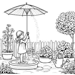 Spritzige Gießkanne unter buntem Regenschirm Ausmalvorlage für wasserfreudige Gartenliebhaber
