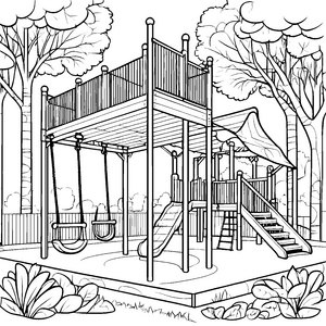 Abenteuerlicher Spielplatz mit Rutsche und Schaukeln Ausmalvorlage für kleine Entdecker