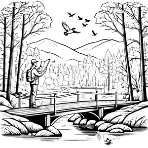 Wandernder Förster mit Karte am plätschernden Bach Ausmalbild für abenteuerlustige Naturfans