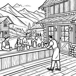 Lebhafte Barkeeper im idyllischen Bergdorf Ausmalbild für abenteuerlustige Künstler