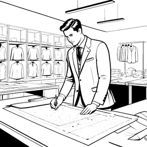 Eleganter Anzugdesigner bei der Arbeit Ausmalmotiv für junge Modefans