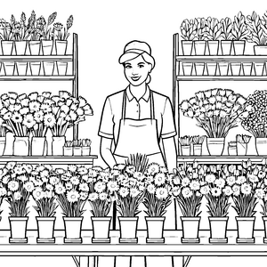 Fröhlicher Blumenladen mit bunten Blüten Malvorlage für kreative Blumenliebhaber