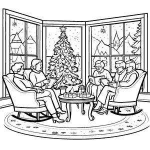 Weihnachtliche Zusammenkunft am festlich geschmückten Baum Ausmalvorlage für fröhliche Seniorenfreunde