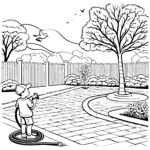 Spritzender Gartenschlauch im bunten Garten Ausmalbild für kleine Naturentdecker