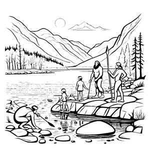 Neandertaler-Familie am glitzenden Fluss Ausmalvorlage für abenteuerlustige Geschichtenerzähler