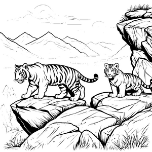 Vorsichtige Tigerbabys auf felsiger Entdeckungstour Ausmalbild für mutige Tierfreunde