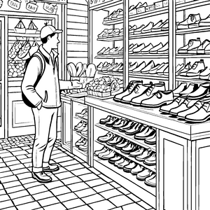 Schuhverkäufer im bunten Geschäft Ausmalvorlage für modebewusste Entdecker
