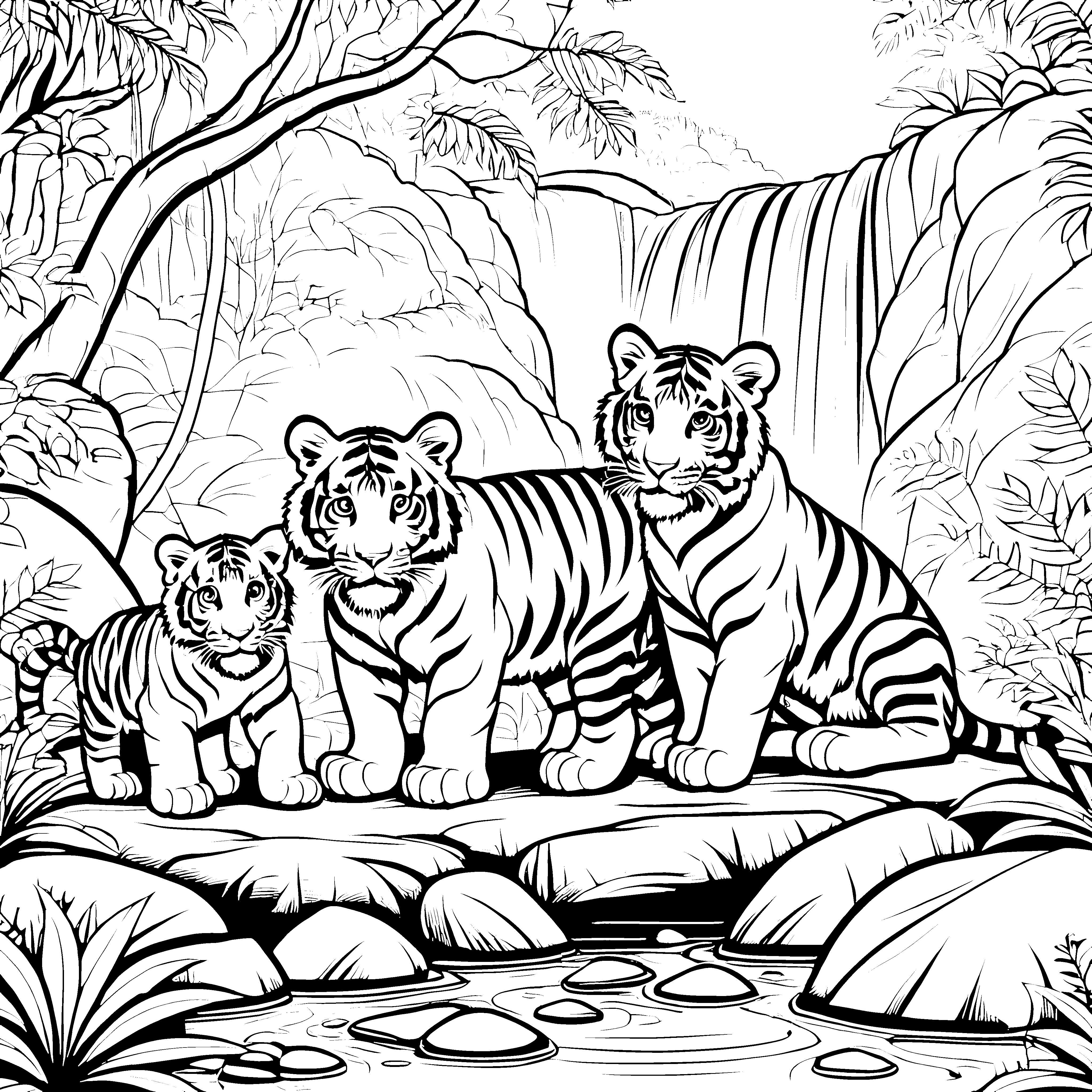 Neugierige Tigerbabys am glitzernden Wasserfall Ausmalvorlage für kleine Dschungelforscher