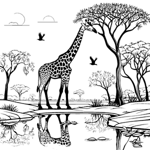 Majestätische Giraffe am schimmernden Wasserloch Ausmalvorlage für neugierige Tierfreunde
