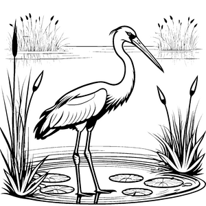 Eleganter Reiher im ruhigen Wasser Ausmalbild für kleine Naturforscher
