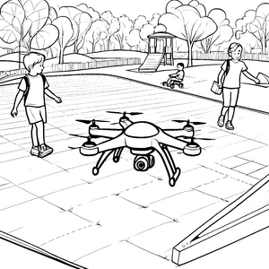 Spannende Drohnenfahrt über den Spielplatz Ausmalvorlage für kleine Technikfreaks
