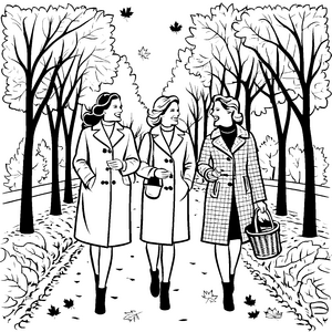 Stylische Damenmäntel auf herbstlichem Spaziergang Malvorlage für modebewusste Kreative