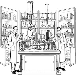 Verrückte Chemiker mit sprudelnden Tränken Ausmalmotiv für neugierige Forschergeister