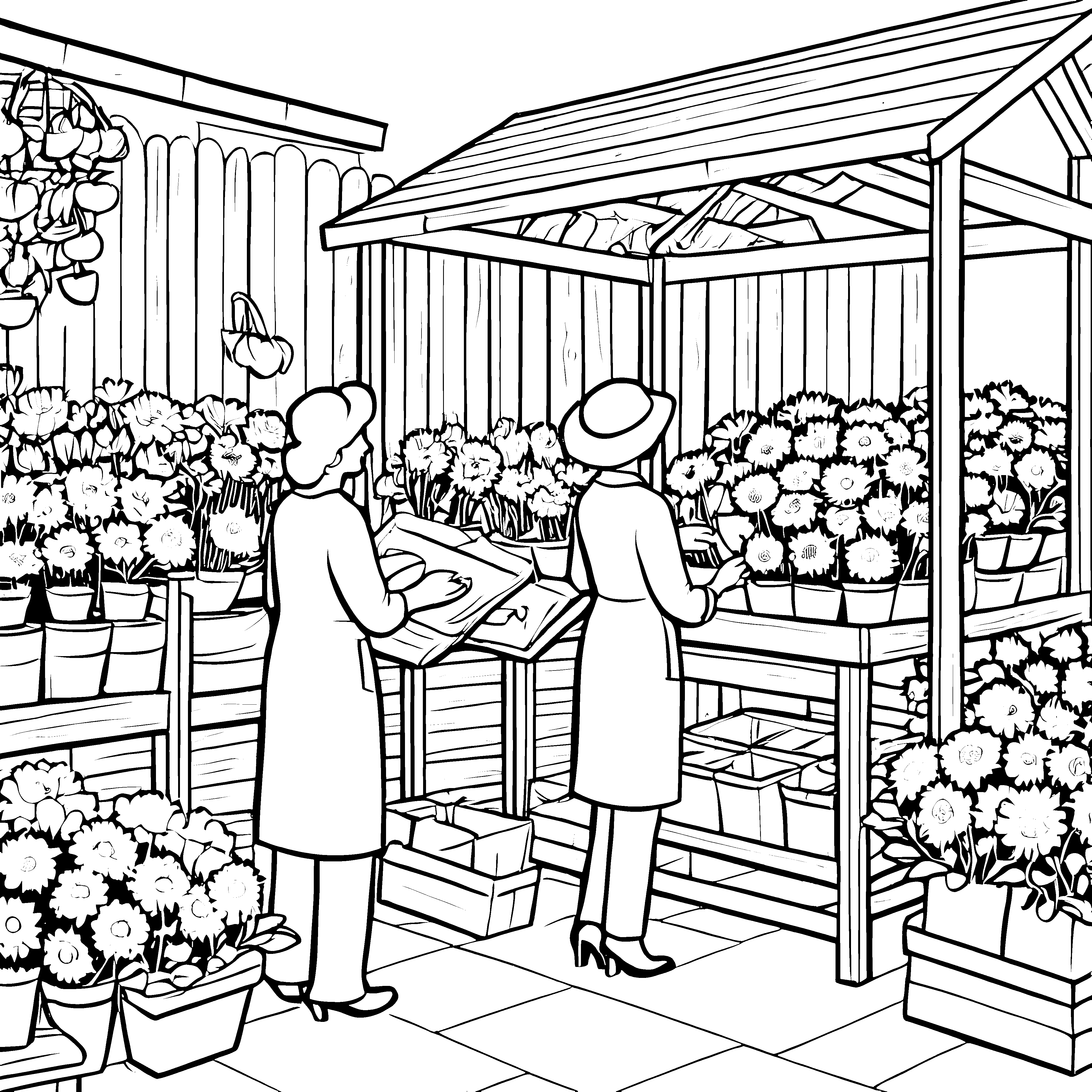 Blühende Farbenpracht im Blumenladen Malvorlage für kreative Pflanzenfreunde