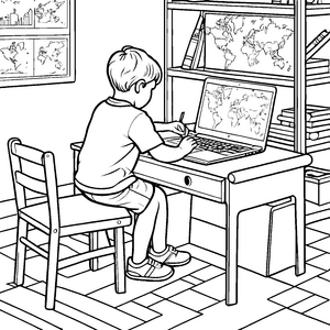 Motivierter Junge am Schreibtisch mit Laptop Ausmalbild für wissbegierige Entdecker