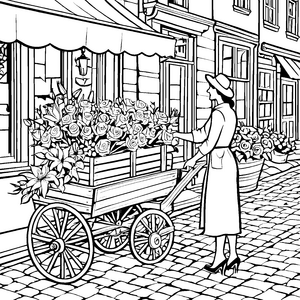 Blumenverkäuferin mit buntem Strauß Malvorlage für kreative Blumenfreunde