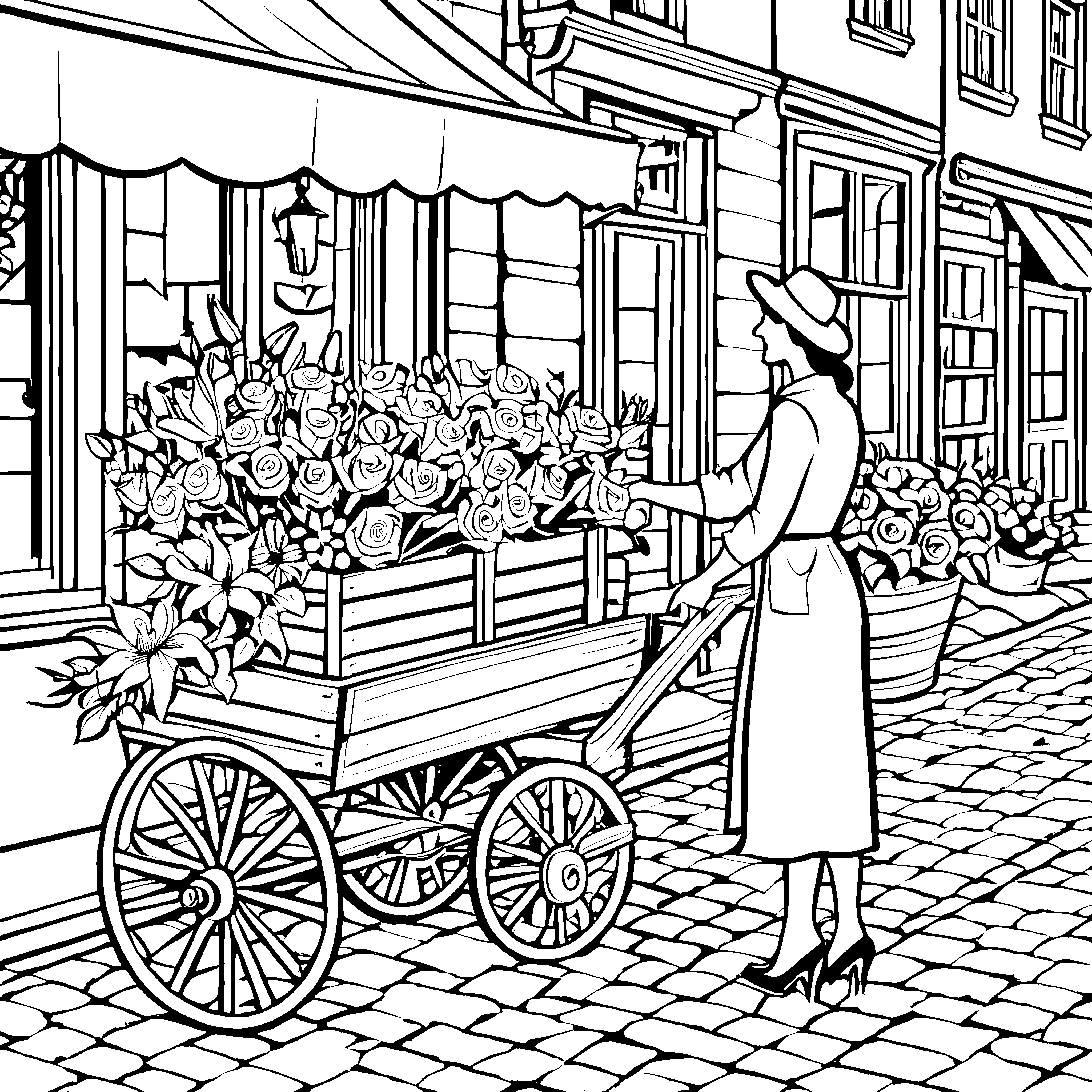 Blumenverkäuferin mit buntem Strauß Malvorlage für kreative Blumenfreunde