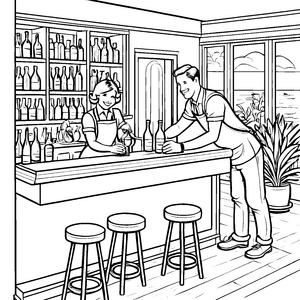 Fröhliche Barkeeper bei der Cocktail-Zubereitung Ausmalmotiv für kleine Genussabenteurer