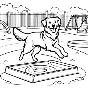 Verspielter Golden Retriever im fröhlichen Spielplatz Ausmalbild für junge Tierfreunde