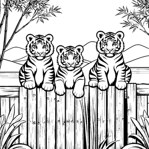 Niedliche Tigerbabys auf der Holzbank Malvorlage für tierliebe Abenteurer