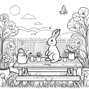 Blühende Gartenlandschaft mit neugierigem Kaninchen Ausmalbild für kleine Gartenfreunde