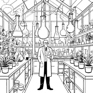 Verrückter Wissenschaftler in geheimnisvollem Labor Ausmalvorlage für neugierige Erfinder