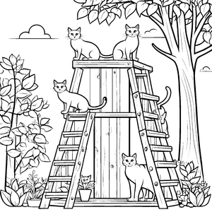 Kletternde Katzen auf einem bunten Gerüst Ausmalmotiv für flinke Freigeister